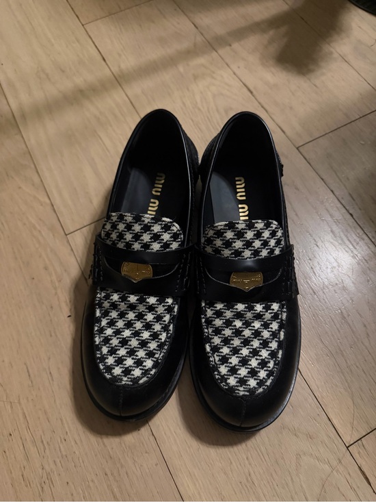 Miu Miu Shoes - Miu Miu Black Leather Loafers with Black & White Houndstooth